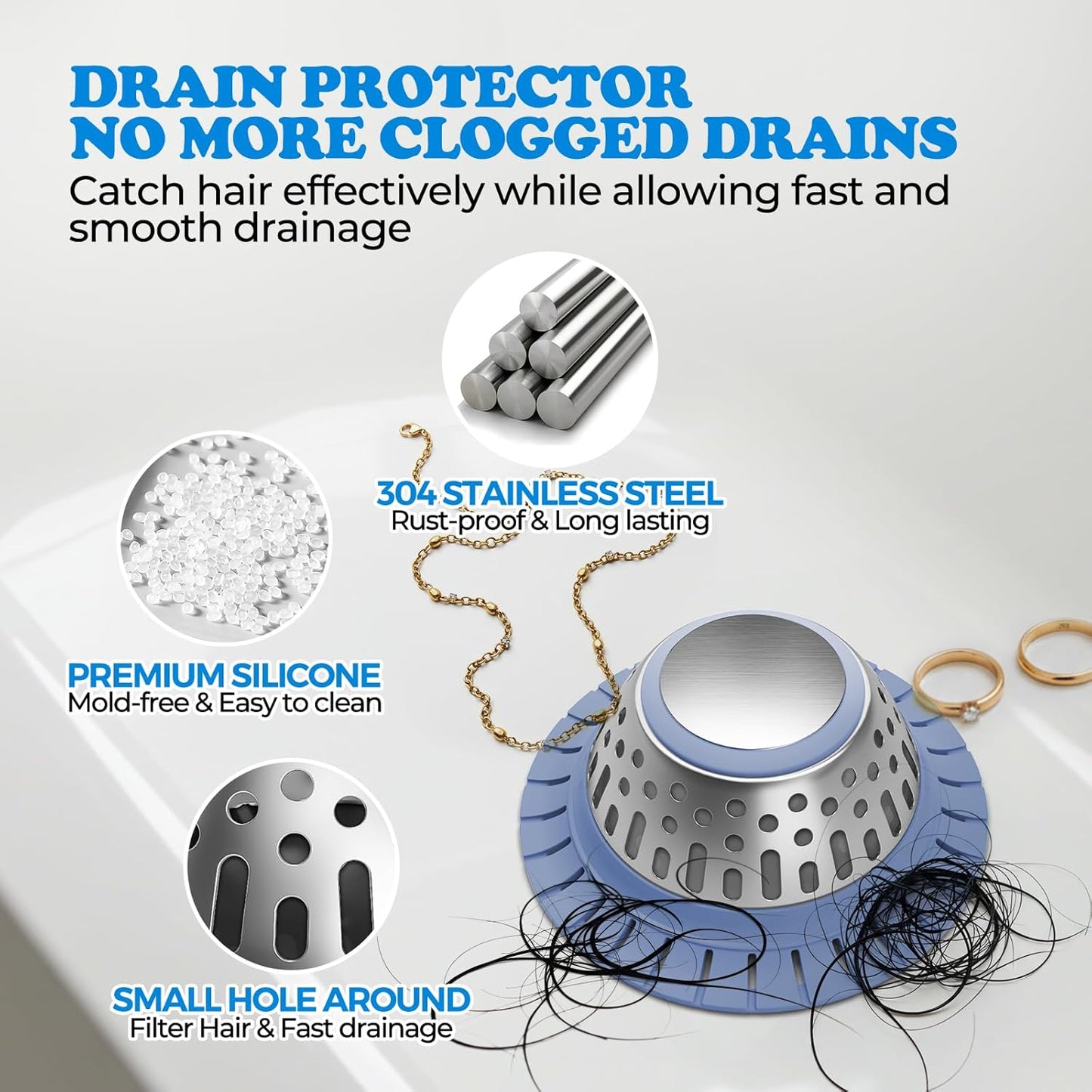 zaa Drain Hair Catcher - Bathtub Drain Cover, Hair Stopper for Bathtub Drain, 304 Stainless Steel Drain Protector and Hair Trap for Flat & Pop-up Drains, Silver Blue