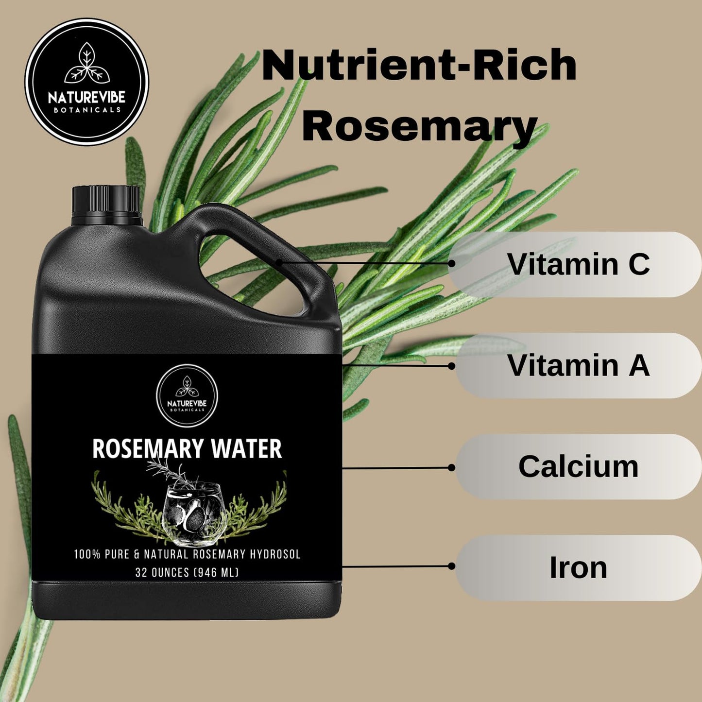 Naturevibe Botanicals Rosemary Water 32 Ounces | 100% Pure and Natural | Great for Skin Care and Hair Care