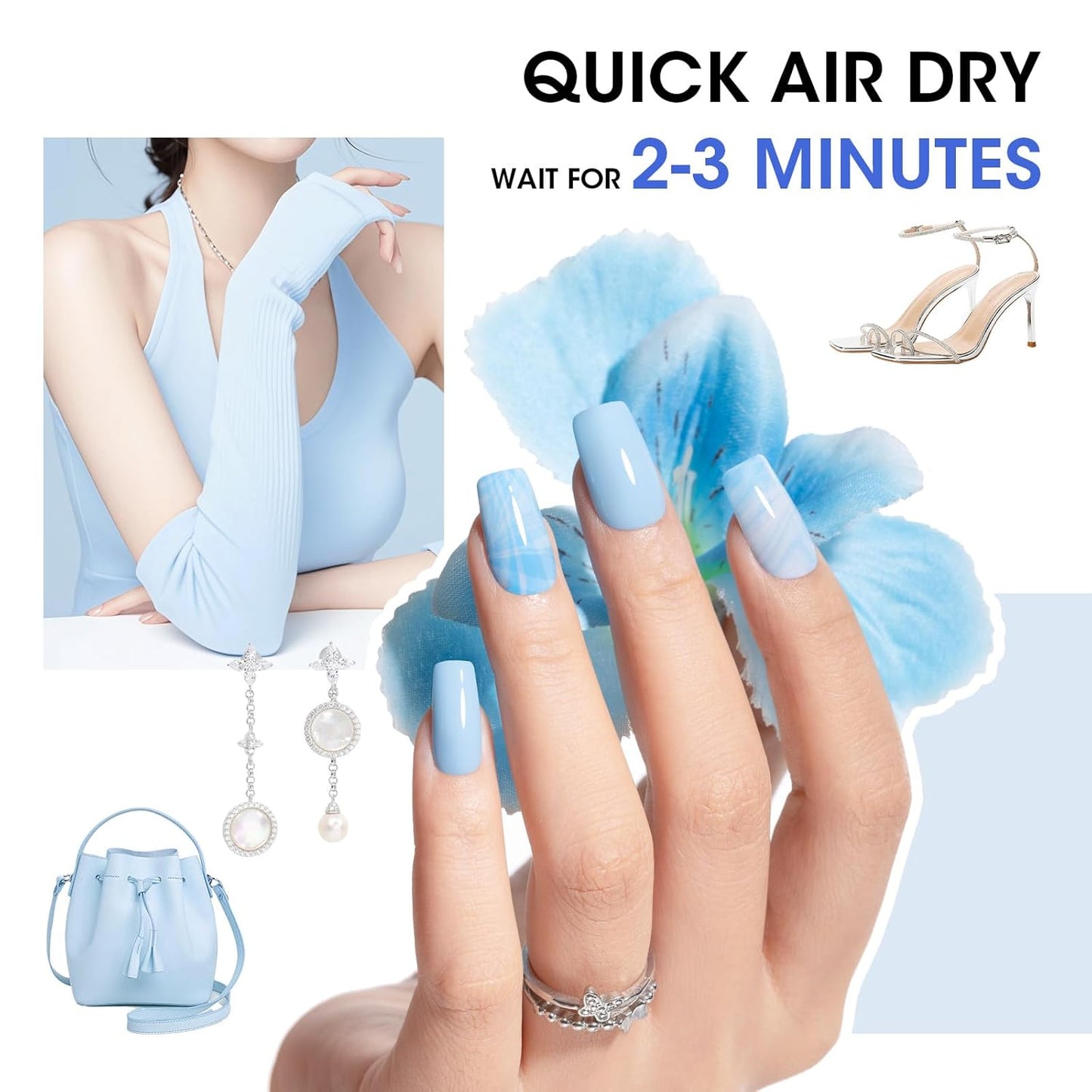 Gellen Blue Nail Polish & Clear Base Top Coat Nail Polish, Quick Air Dry Natural Regular Nails Polish Bright Baby Cobalt Ocean Blue 6pcs Set for Acrylic Natural Nails Home Salon, Non UV Gel, Hema Free