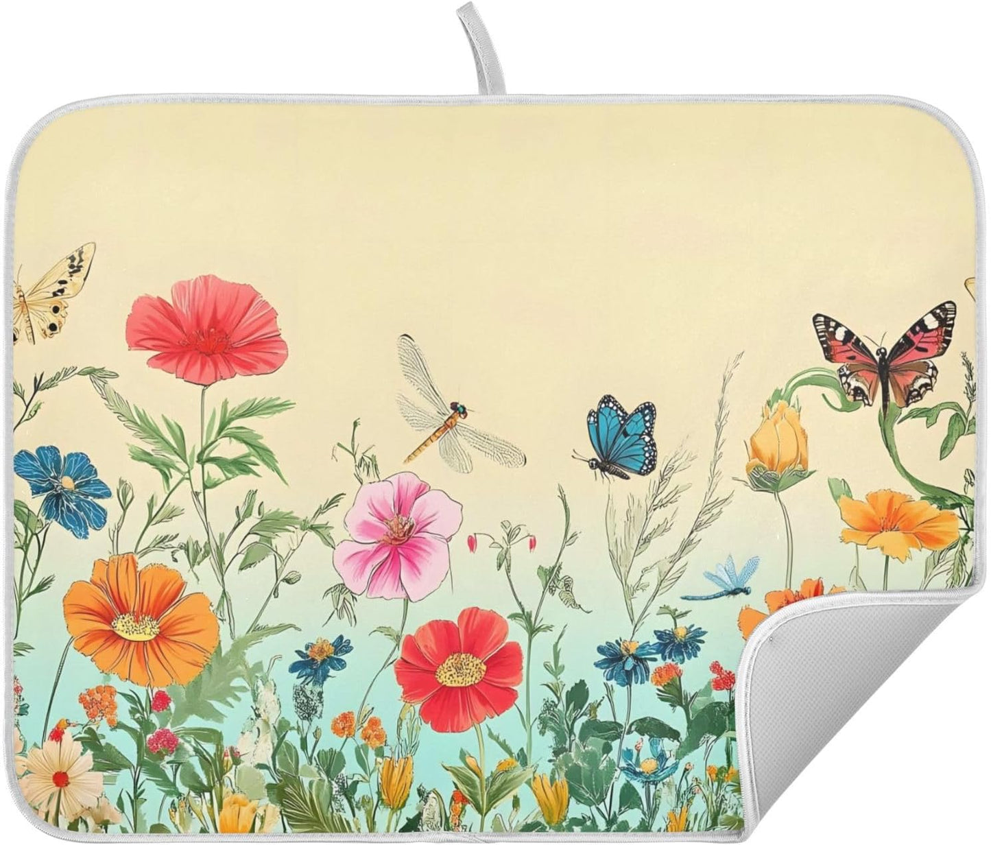 Dragonfly Butterfly Tulip Flower Dish Drying Mats for Kitchen Counter, 18x24 inch Drying Dishes Absorbent Microfiber Dish Drainer Mat Rack Pad Fast Dry