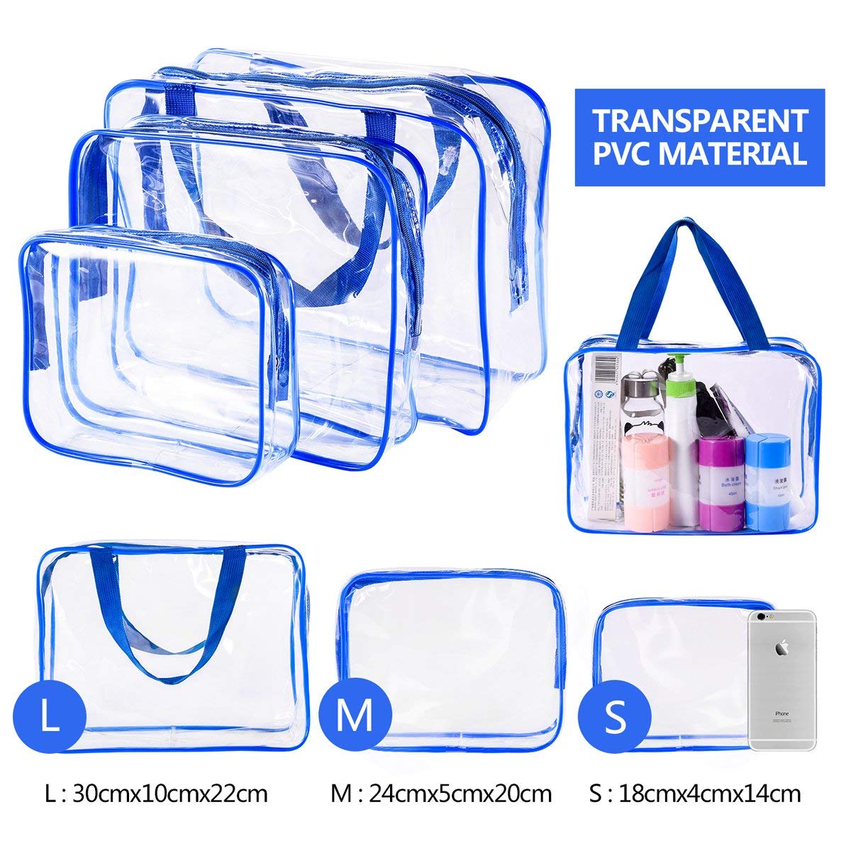 4Pcs Crystal Clear PVC Travel Toiletry Bag Kit for Women Men, Waterproof Vinyl Packing Organizer Storage Bags with Zipper Handle Straps, Cosmetic Pouch Carry on Airport Airline Compliant Bag Handbag