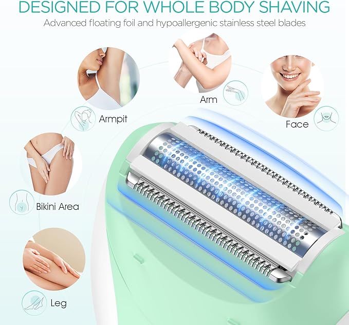 Epilator for Women-Cordless Epilators Hair Removal for Women, 4-in-1 Electric Razor Hair Remover, 2 Speeds & 21 Tweezers for Face Legs Arms Armpit Bikini, Green HR310