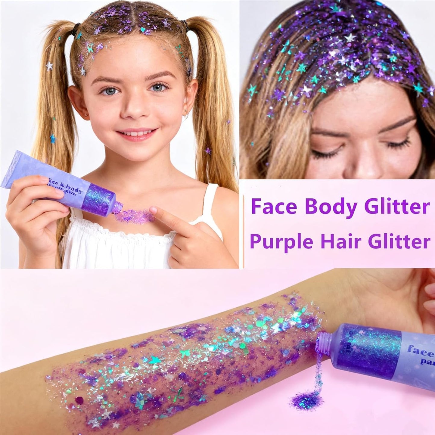 Go Ho Mermaid Purple Face Body Glitter Gel,Holographic Purple Hair Glitter,Mardi Gras Outfit for Women Kids,Chunky Sequins Glitters for Eye Lip Nails,Festival Rave Accessories