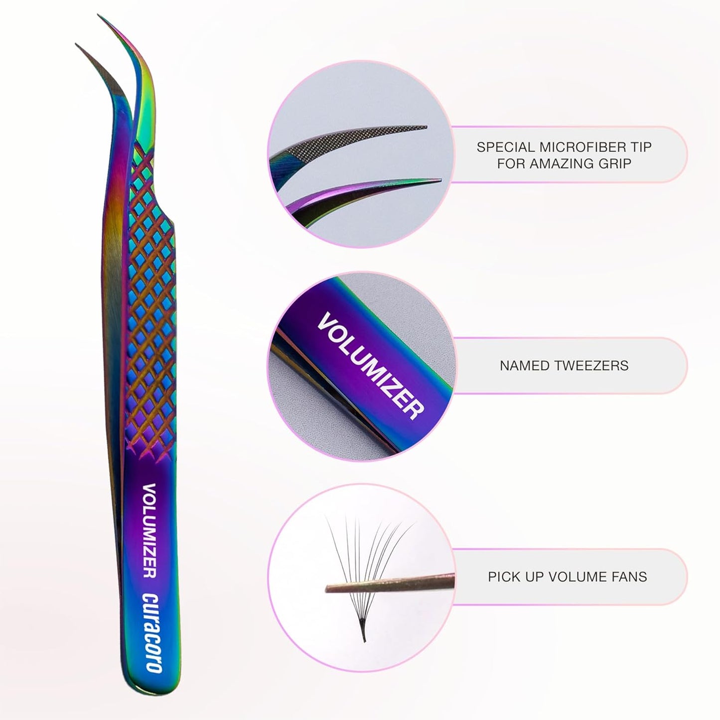 Curacoro Lash Tweezer - Professional & Precision Fiber Tip Grip Lash Tweezers for Eyelash Extensions, Multi Shapes & Purposes Tweezers for Volume, Isolation & Classic Lashes (Galaxy, Volumizer)