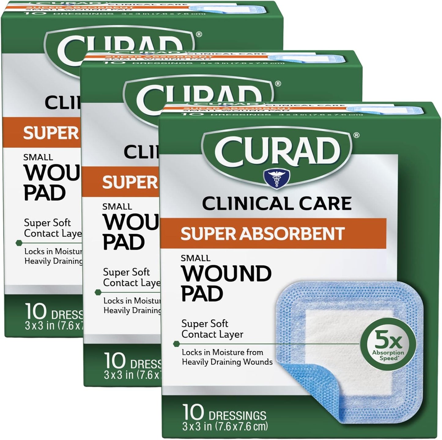 Curad Super Absorbent Wound Pad, Small, 3" x 3", 10 Count, 3 Pack
