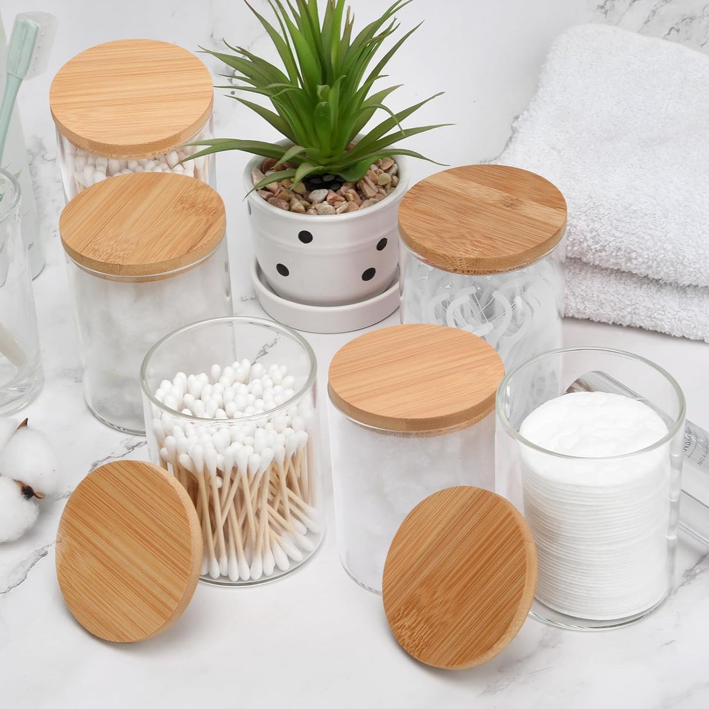 6 Pack Glass Qtip Holder Dispenser Set - Apothecary Jars with Lids for Vanity Makeup Organizer - Bathroom Canister Storage Organizer for Cotton Ball, Cotton Swab, Cotton Round Pads,Floss
