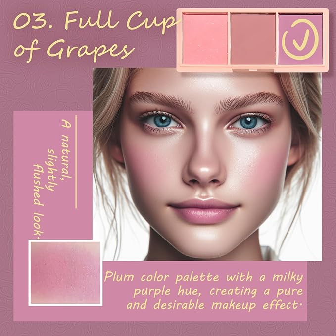 3 Color Matte Pink Blush Palette with Brush, Long Lasting Cheek Makeup, Light and Smooth Blush Powder for Face Beauty