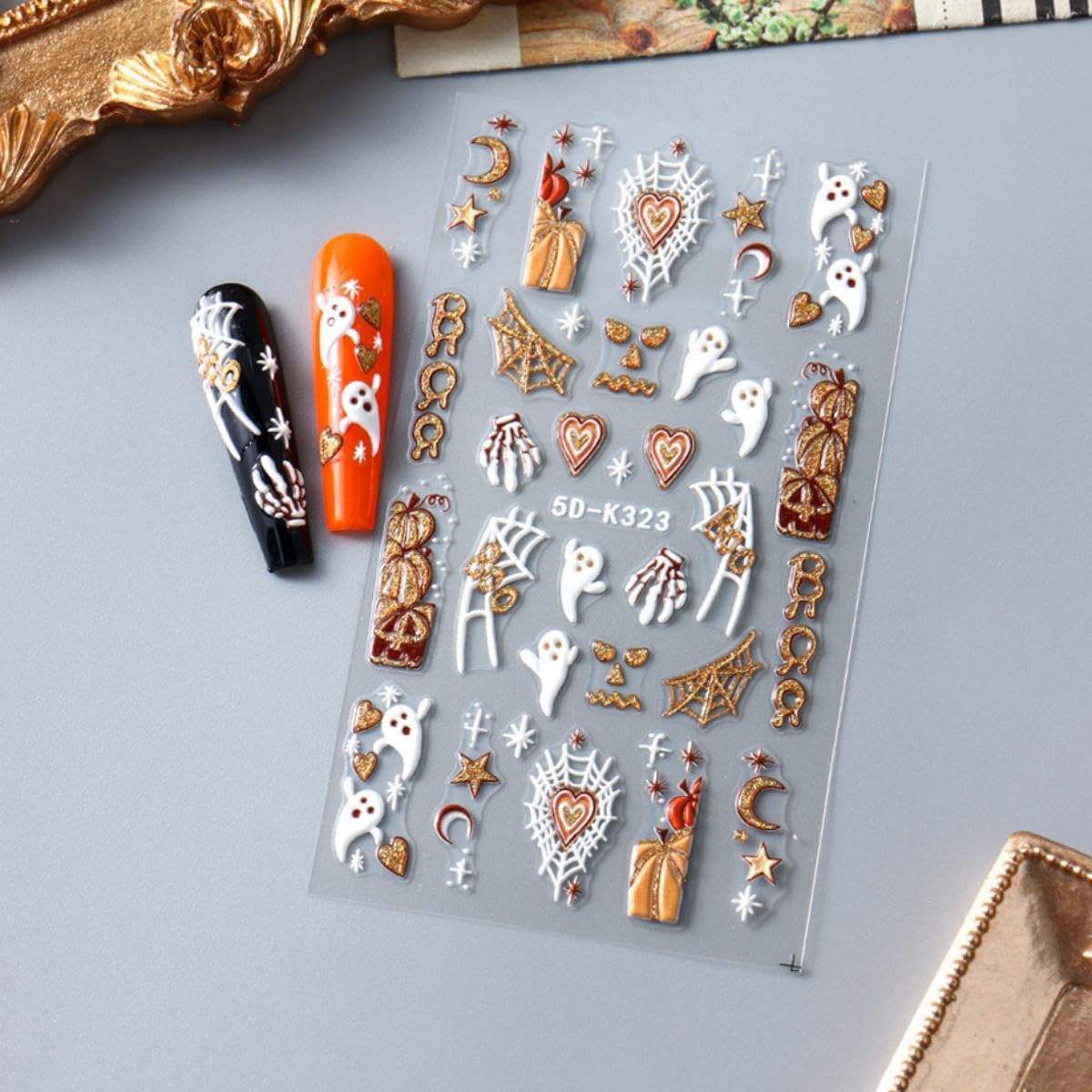 Halloween Nail Art Stickers Ghost Nail Stickers Gold Nails Art Decals 5D Self Adhesive Spider Web Nails Charms for Women Girls Manicure DIY Decoration