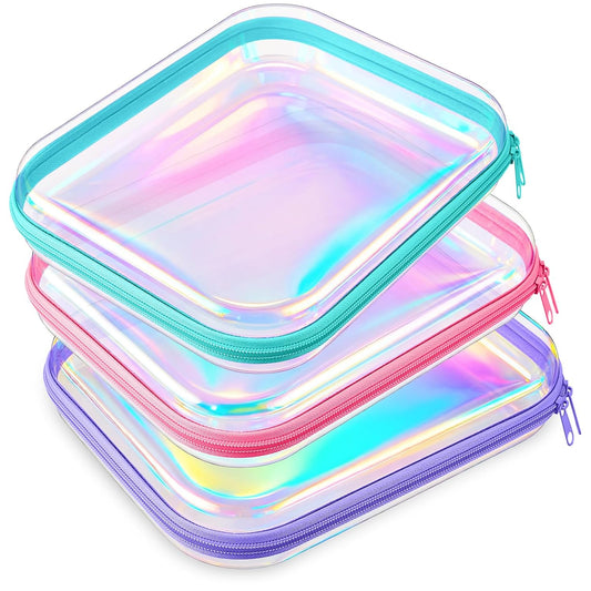 Hoolerry 3 Pcs Clear Hard Zipper Case Plastic Pouch Transparent Hard Case Clear Makeup Bag Portable Travel Organizer Bin for Cosmetics, Building Blocks, Puzzles(Laser,M)