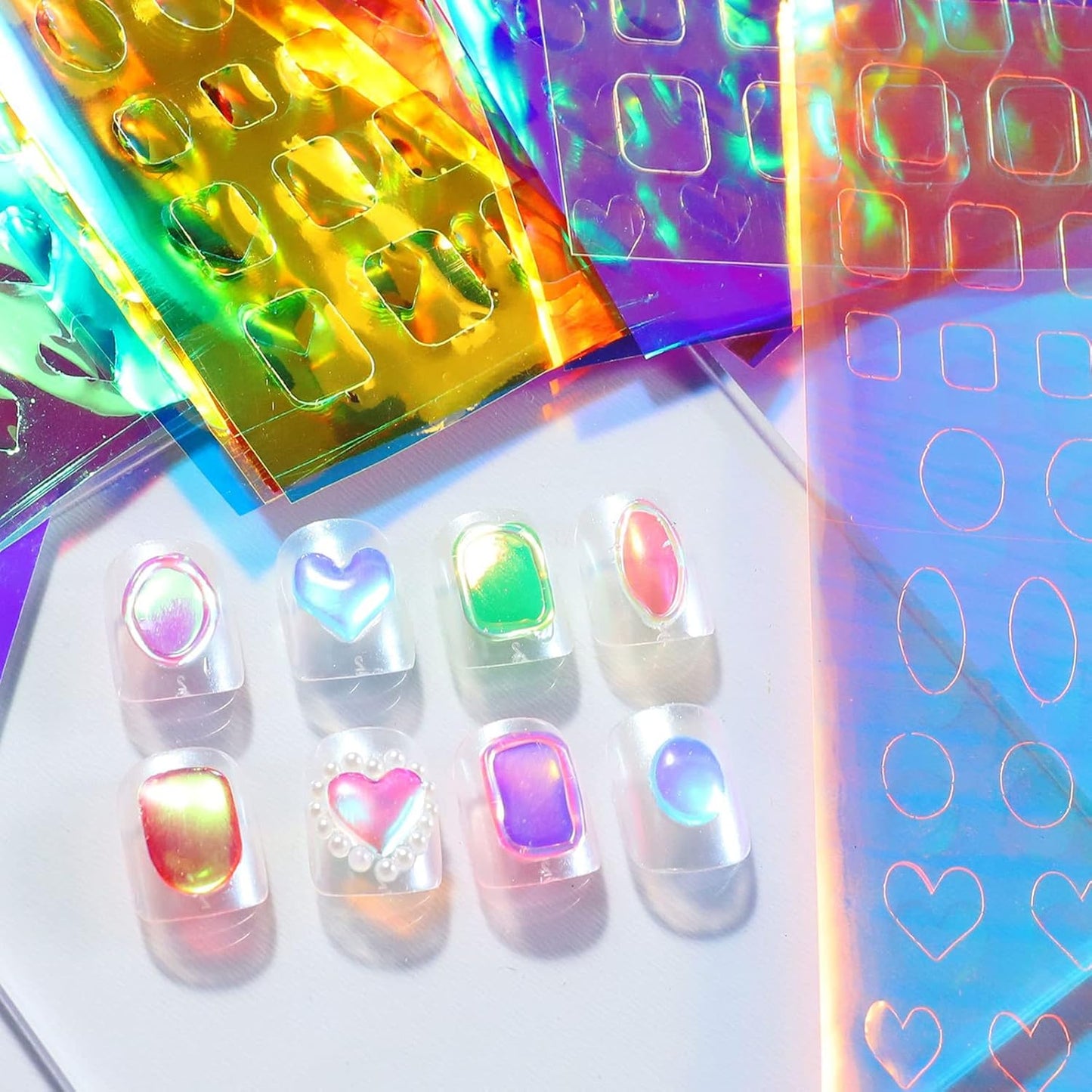 11 Sheets Aurora Nail Foil Stickers, Laser Glass Paper 3D Trendy Design Iridescent Cellophane Nail Art Decals, Holographic Film DIY Manicure Decoration Supplies Accessories for Women Girls