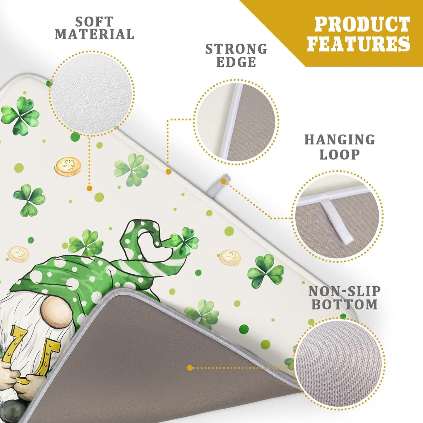 St Patrick's Day Gnome Dish Drying Mat 18x24 inch Lucky Shamrock Absorbent Reversible Dishes Drainer Rack Mat for Coffee Bar Kitchen Decor