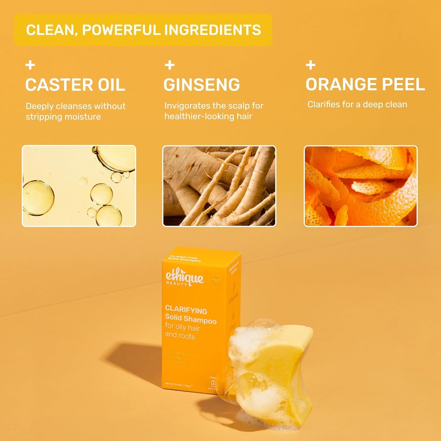 Ethique Clarifying Shampoo Bar for oily hair with Castor Oil - Plastic-Free, Vegan, Cruelty-Free, 3.88 oz - Formerly St. Clements