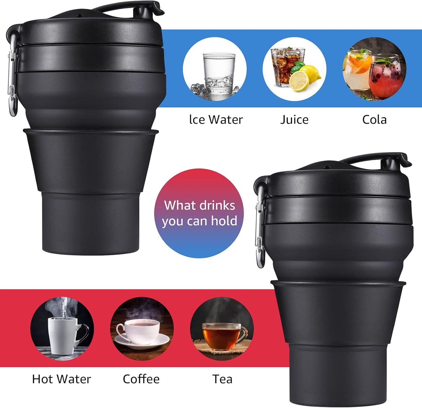 2PACK Collapsible Coffee Cup, 16 OZ 480ml Silicone Folding Camping Mug, Leak Proof BPA Free Portable Sport Bottle with Lids for hiking, Microwave & Dishwasher Safe (Black)