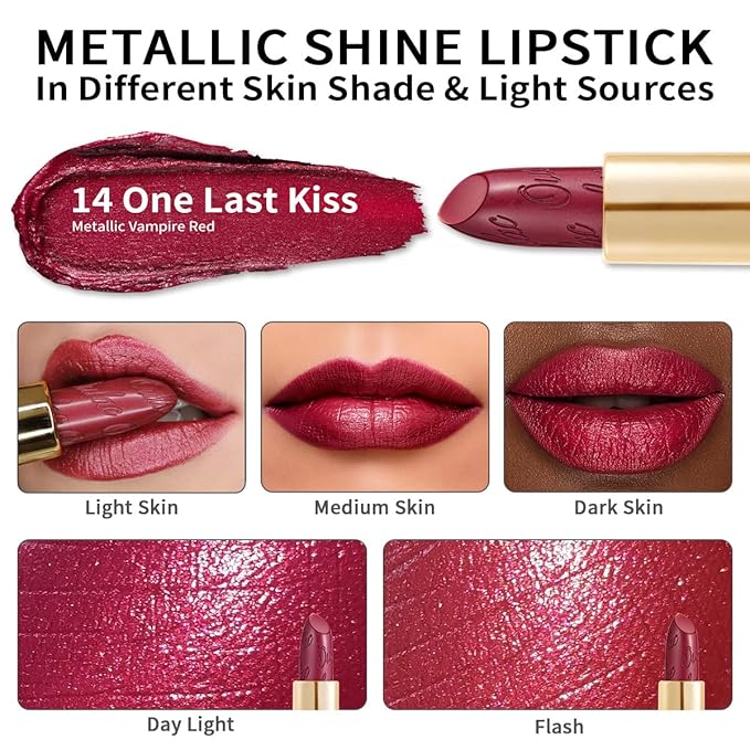 Oulac Wine Red Lipstick for Women with Metallic 3D Shine Lightweight Hydrating Formula, High Impact Lip Color, Vegan Beauty, Full Coverage Lip Makeup, Christmas Gifts for Women, One Last Kiss (14)