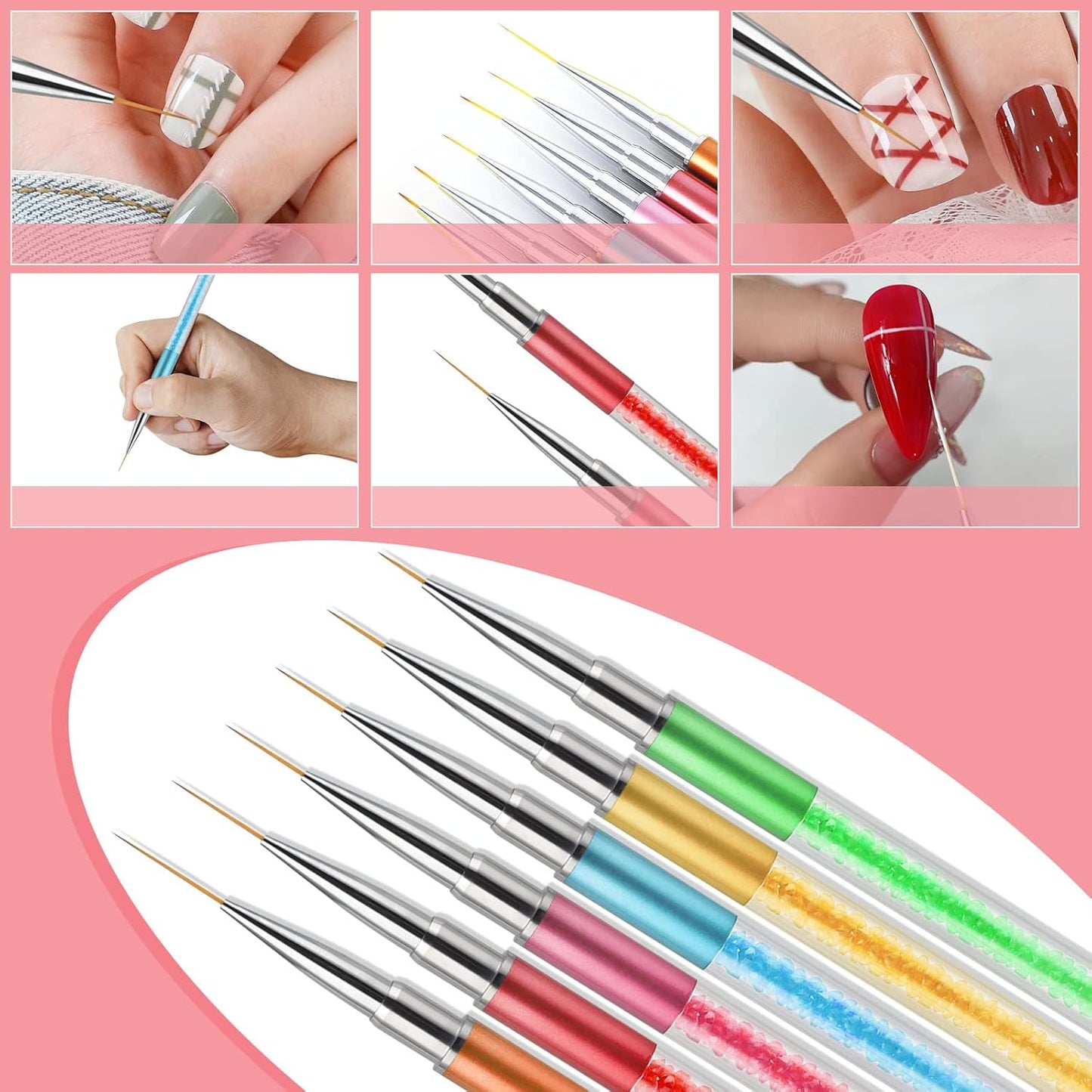 Artdone Nail Art Brushes Set,6PCS Nail Art Liner Brushes For Gel Nail polish Design pen,Nail Drawing Pens For Nail Art Tools Design Pen Small Detail Brushes