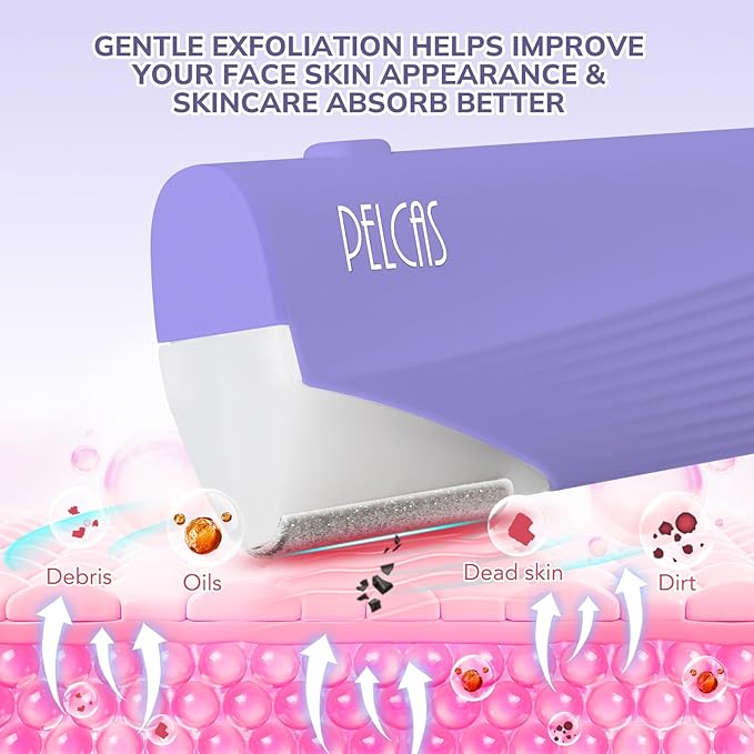 PELCAS Electric Dermaplaning Tool for Women Face with LED Light 3 Speeds Mini Dermaplaning Razor with 6 Blades, 2 in 1 Facial Peach Fuzz Hair & Exfoliation Removal System At Home BV18-712 Light Purple
