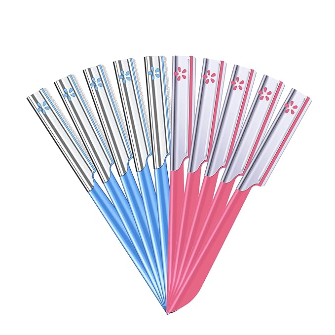 10 Pieces Eyebrow Razor for Women Facial Shaver Razor Brow Shaper Eyebrow Trimmer Dermaplaner Shaping Tool with Cover (Pink+Blue)