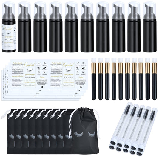 50 Pcs Lash Shampoo Bottle Brushes Set 10 Empty Foam Pump Dispensers 10 Label Stickers 10 Mascara Wands and Tubes 10 Cleansing Brush 10 Bag for Eyelash Extensions Aftercare(Black)