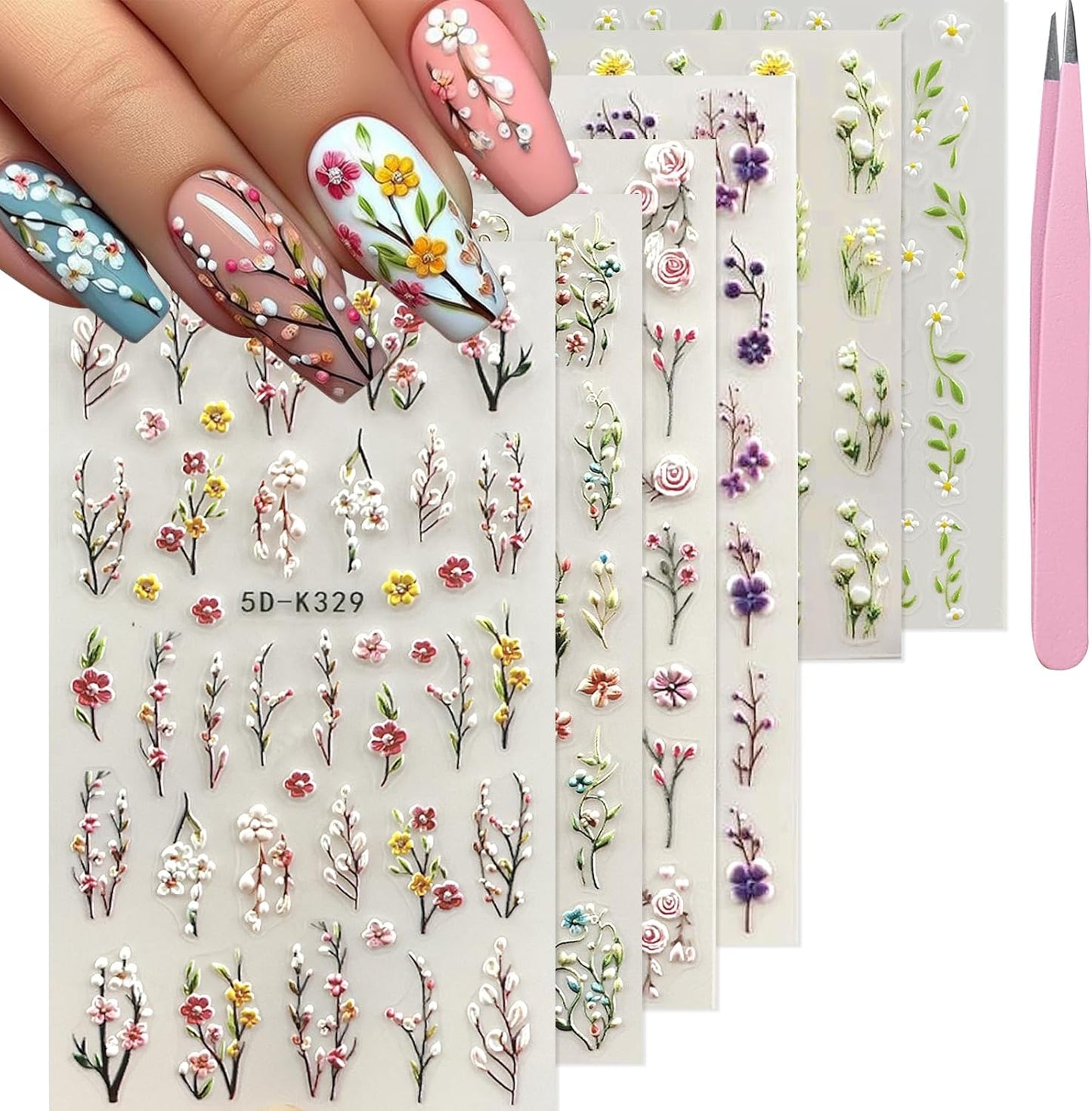Spring Flower Nail Art Stickers Decals Floral Nail Decals Self Adhesive 5D Embossed for Women Nails Design Decoraion Colorful Rose Plum Blossom 3D Flower Mails Stickers Supplies
