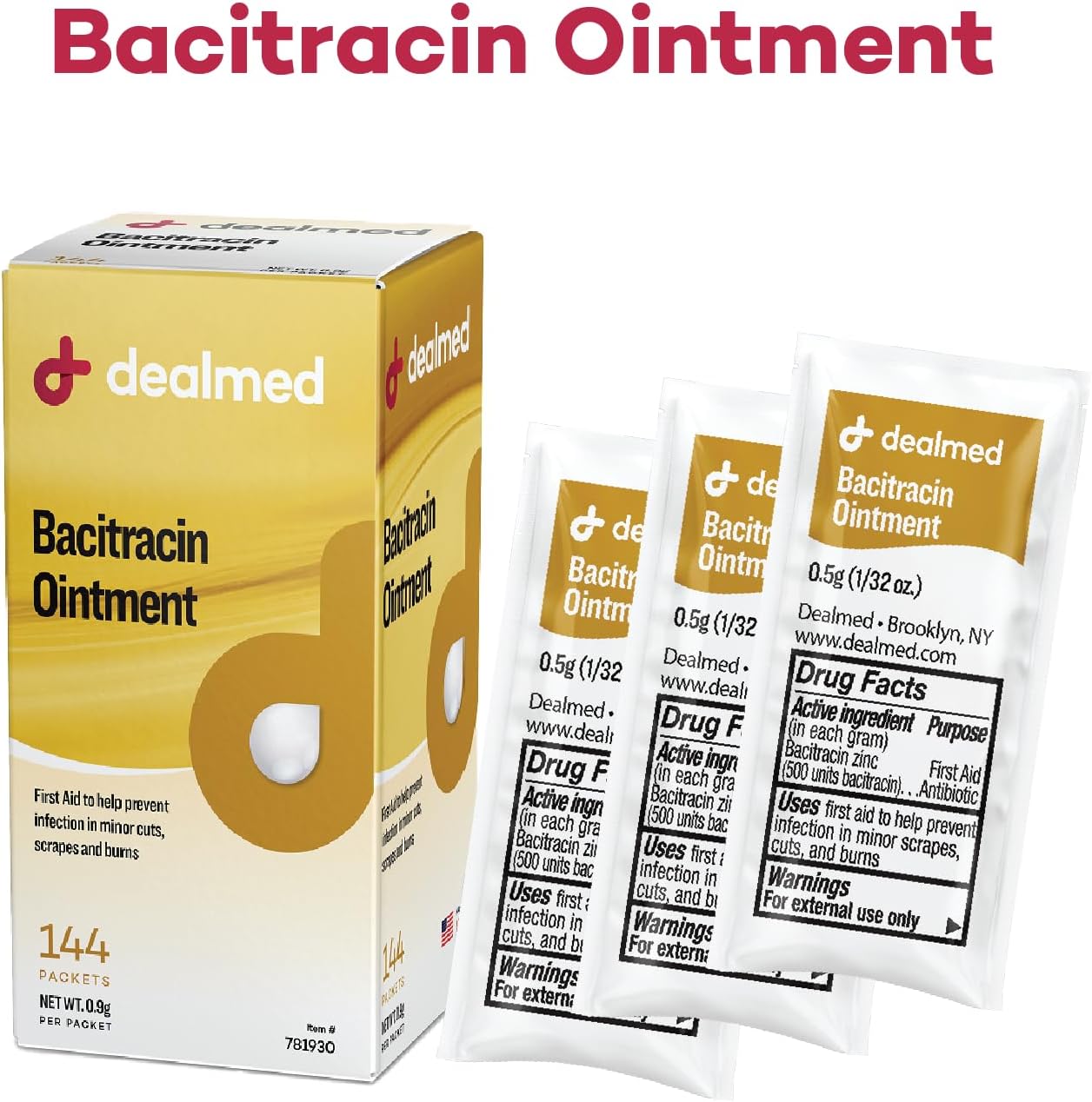 Dealmed Bacitracin Ointment – Made in The USA, First Aid Antibiotic Pain Relieving Ointment for Minor Cuts, Scrapes, and Burns, 144 Packets/Box (.5g) - Case of 12