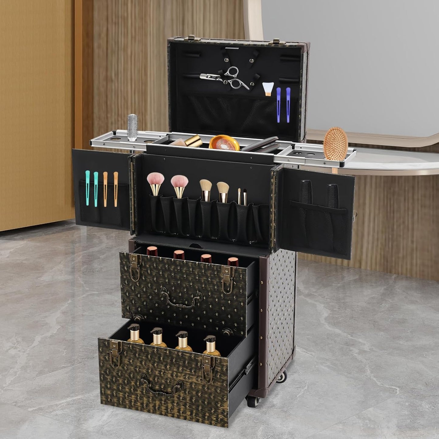 Lockable Makeup Train Case,55.1lbs Rolling Hairdressing Trolley,Beauty Salon Cosmetic Luggage with Universal Wheels for Hair Stylist,Make-up Artists (Brown)