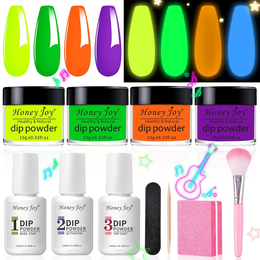 Honey Joy Dip Powder Nail Kit Starter, 4 Colors Glow in Dark Neon Dipping Powder Liquid Set for Halloween Xmas Club Black Light Fluorescent Birthday Masquerade Party Supplies, Dip-7pcs-No.19