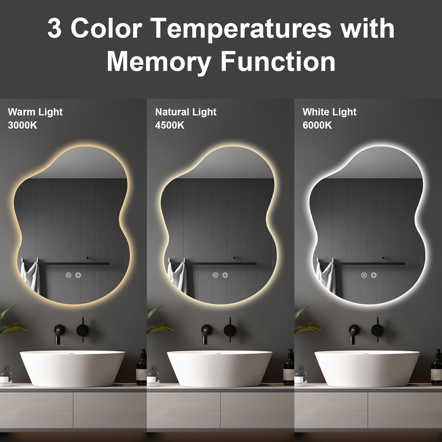 30"x22" Irregular LED Bathroom Mirror with Front & Backlight, Anti-Fog, Dimmable, 3 Color Modes, Wall-Mounted [Horizontal/Vertical]