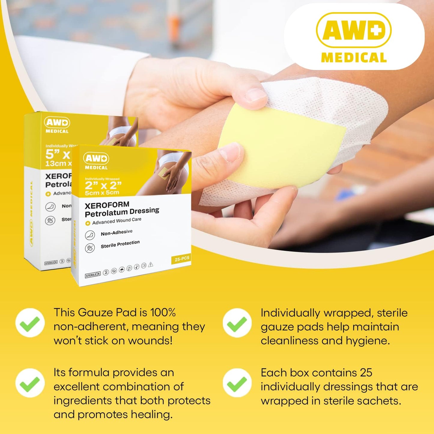 AWD Medical Xeroform Petrolatum Dressing 5x9 - Non-Adhering Gauze Pads - Fine Mesh Gauze Patch Sterile - Healthcare Supplies for Wound Care, Burns, Lacerations, & Skin Grafts Aide (Box of 25, 5"x9")