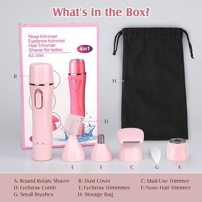 Trimmer Women, 4 in 1 Electric Razor for Women, Facial Shavers for Women, Portable Travel Womens Electric Razor for Face Beard Eyebrow Leg Arm Bikini Armpit Pubic Hair, Pink