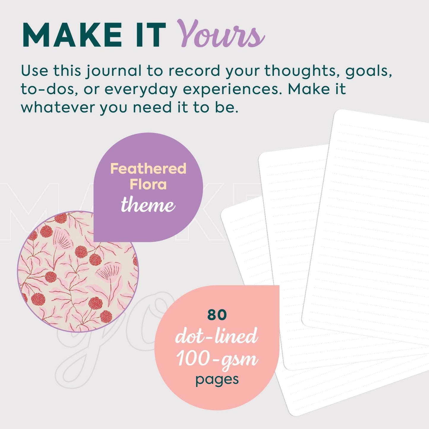 Happy Planner Small Undated Book-Bound Journal with 80 Pages of Thick 100 GSM Paper, A5 Size, Dot-Lined Layout, Feathered Floral