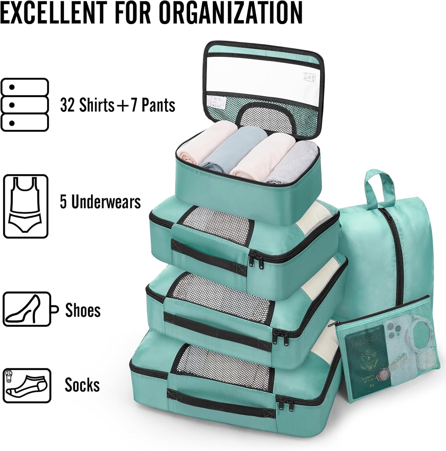 Veken 8 Set Packing Cubes for Travel Essentials, Suitcase Organizer Bags in 4 Sizes, Carry-On Luggage Accessories with Large Laundry & Hanging Toiletry Bag, Must-Have for Airplane, Road Trip & Camping