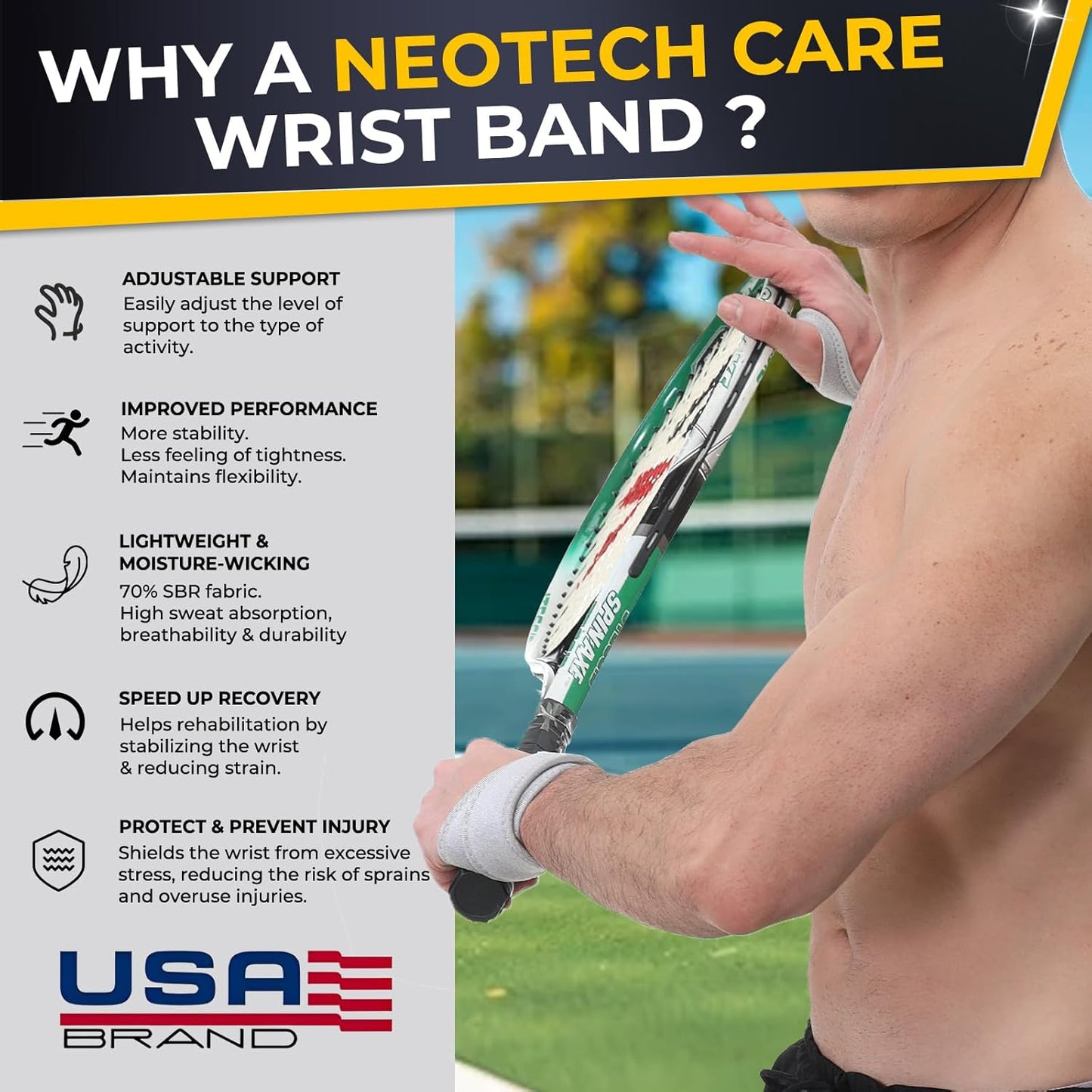 NeoTech Care Wrist Band - Elastic & Breathable Fabric - Adjustable Compression Strap - Men, Women, Right or Left - Support Wrap for Protection or Sports (Gray Color, Size L, 1 Unit)