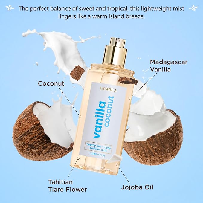 LAVANILA Vanilla Coconut Healthy Hair + Body Perfume Mist, 5 Fl Oz - Sweet & Tropical Fragrance Spray Formulated with Jojoba Oil, Madagascar Vanilla, Coconut, Tahitian Tiare Flower
