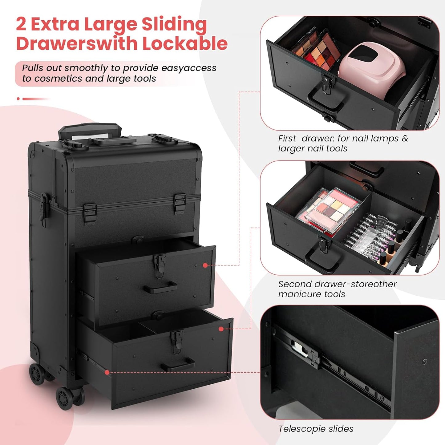 Large Rolling Makeup Train Case, Professional Travel Cosmetology Case on Wheels with Drawers, 3 Tiers Nail Organizers Storage Case for Nail Tech, Tattoo, Hairstylist, Makeup, Extra Large