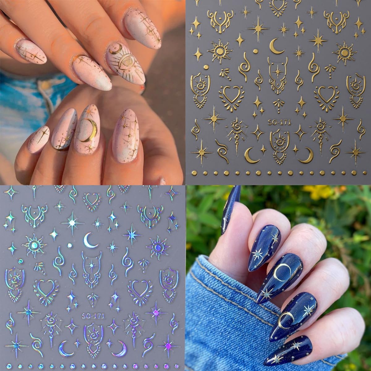 8Sheets Moon Star Nail Art Stickers 3D Self-Adhesive Metallic Sun Nail Decals Holographic Laser Glitter Nail Art Design Stickers Stars Sun Silver Nail Stickers for Women Acrylic Nail Decor Charms DIY