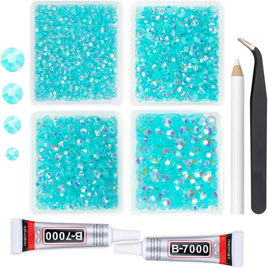Aquamarine AB Resin Rhinestones w B7000 Jewelry Glue for Bedazzling Crafting 3mm-6mm Lake Blue Flatback Jelly Stones Bulk SS10-SS30 Water Blue Diamonds for Nails Face Makeup Tumblers Crafts