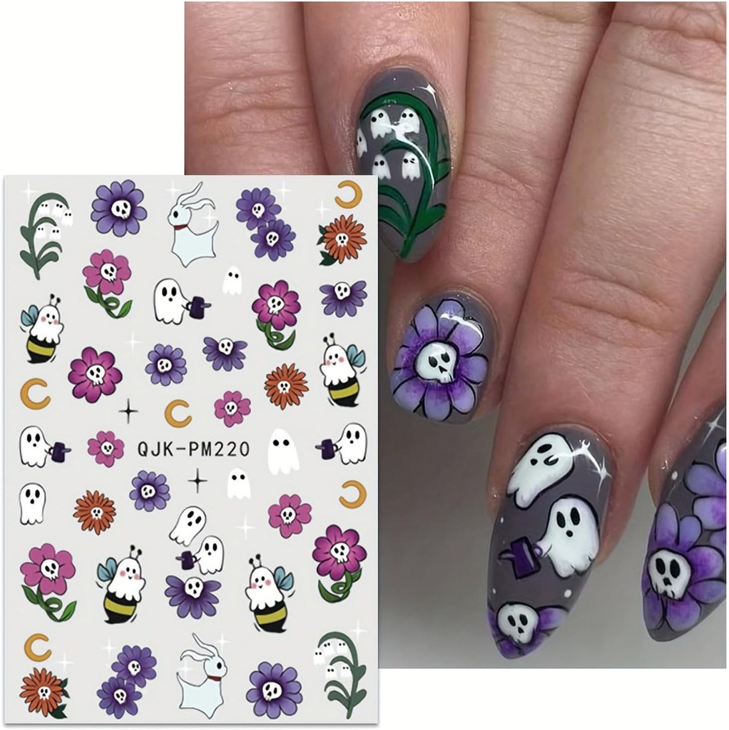 Halloween 9 Sheets Cute Nail Stickers Decals for Art - Ghost, Brown Flower, Pumpkin - Fall Self-Adhesive 3D DIY Supplies for Women, Girls & Kids