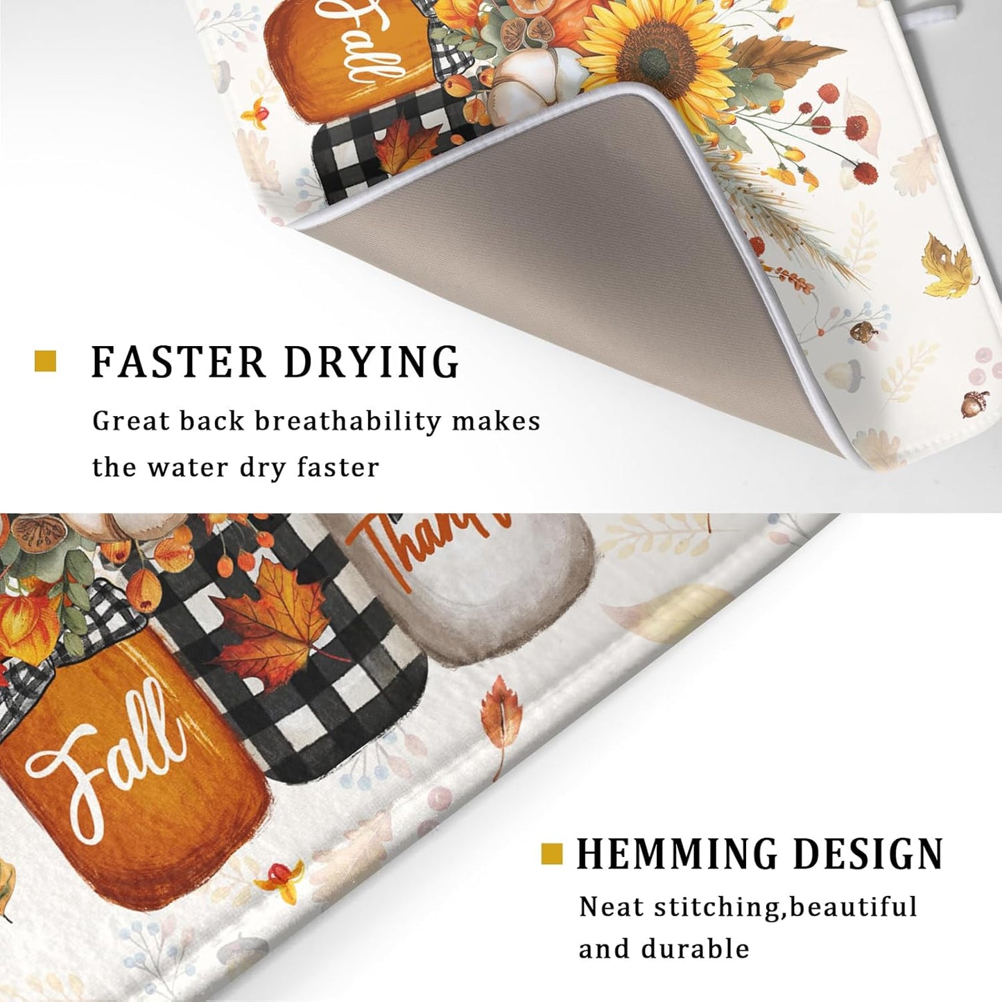 Autumn Pumpkin Dish Drying Mat 18x24 Inch Sunflower Flower Vase Washable Draining Mat with Hanging Loop Seasonal Holiday Home Decoration