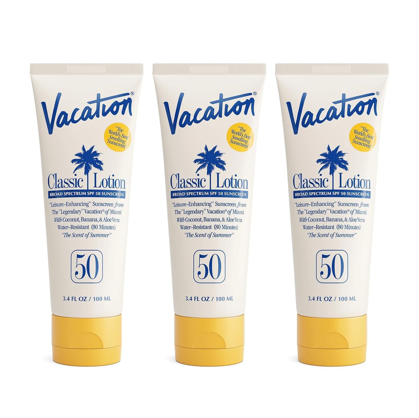 Vacation Classic Sunscreen Lotion SPF 50, Water-Resistant, Lightweight, Transparent on All Skin Tones, Dermatologist-Tested, Vegan, Travel Size, 3.4 Fl. Oz. (Value Pack of 3)