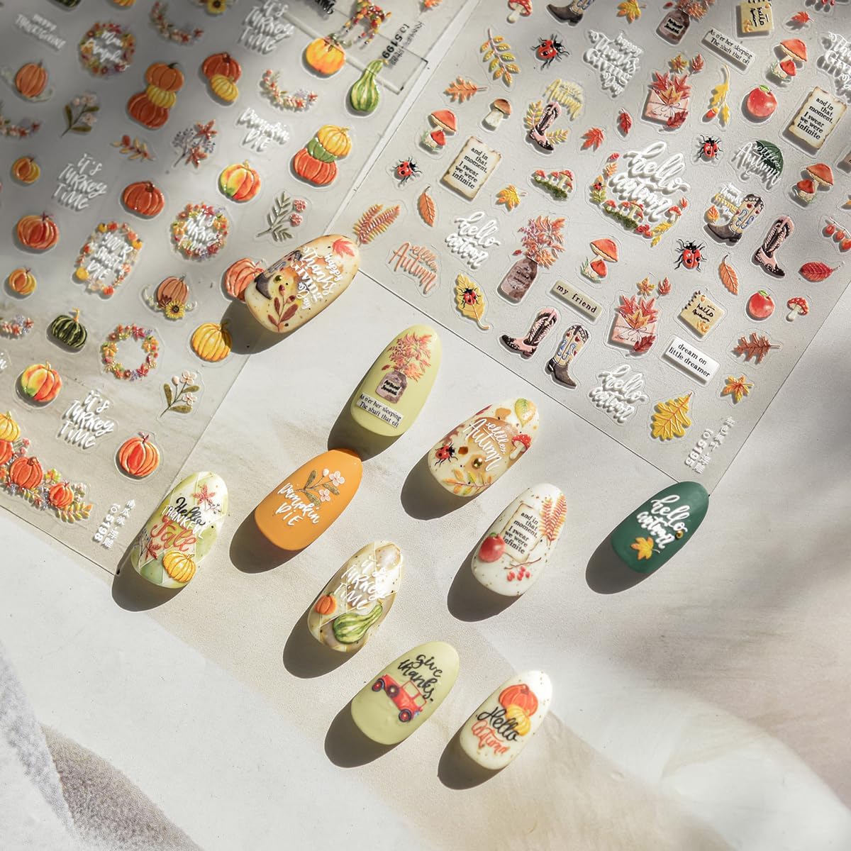 Thanksgiving Day Nail Stickers for Nail Art Fall Nail Sticker 5D Self-Adhesive Shiny Autumn Leaves Shoes Mushroom Nails Decals Holiday Maple Leaves Manicure Nails Decorations for Salon Nails 1 Sheet