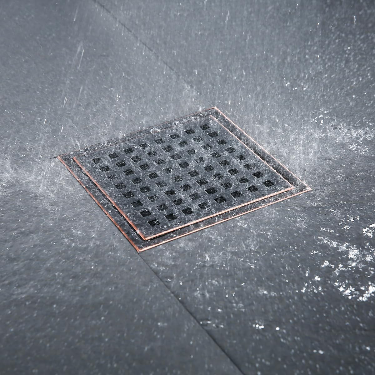 RANDOM 6 Inch Square Shower Floor Drain with Oil Rubbed Bronze Removable Quadrato Pattern Grate, PVC Shower Drain Base Flange,Include Hair Strainer,SUS 304 Stainless Steel