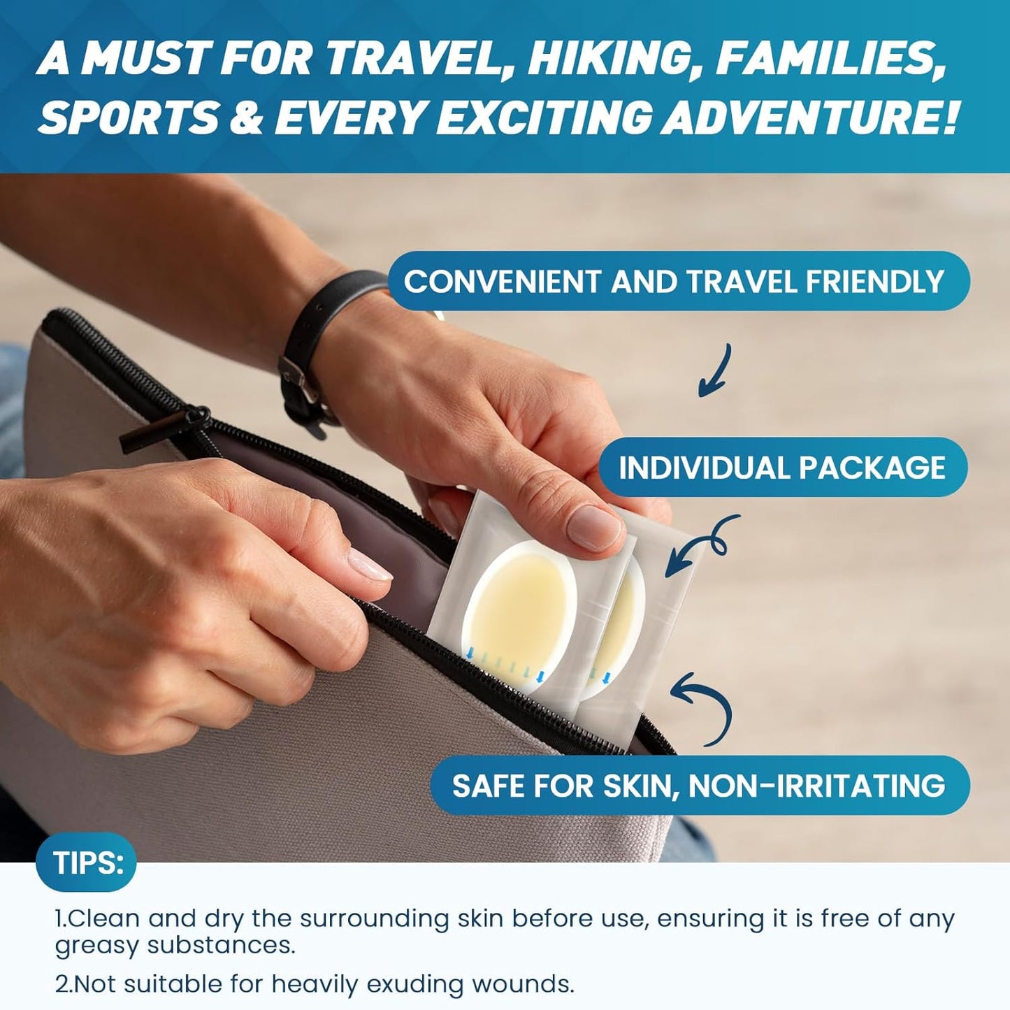 Hydrocolloid Blister Bandages for Feet - 30ct Gel Blister Bandages - Blister Cushions for Heel, Toe - Blister Prevention for Travel - Water Resistant Bandages Pads (Heel Pack)