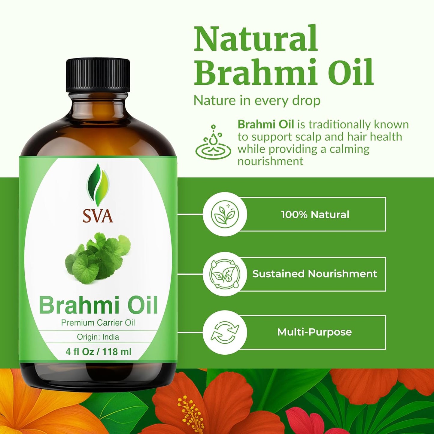 SVA Brahmi Oil - 4 Fl Oz – 100% Natural Cold Pressed Brahmi Oil - for Face, Skin Care, Hair Care, Scalp Massage & Body Massage – Carrier Oil with Dropper