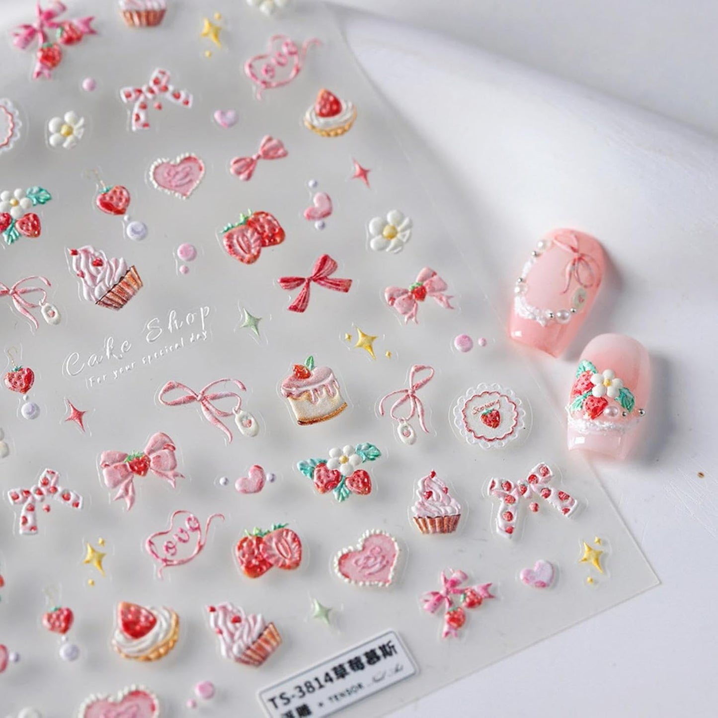 5D Embossed Pink Nail Stickers for Nail Art Cake Strawberry Bow Nail Art Stickers Nail Decals Self Adhesive Cute Nails Design Manicure Supplies Charm for Women Nails Decorations