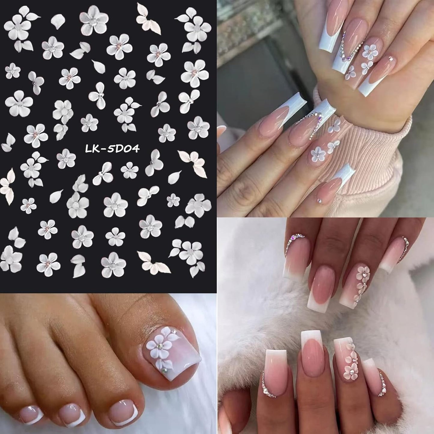 6 Sheets Flower Nail Stickers for Nail Art 5D Embossed Engraved Nails Decals 3D Spring Summer Supplies Accessories Self-Adhesive Nails DIY Design Decoration for Women and Girls