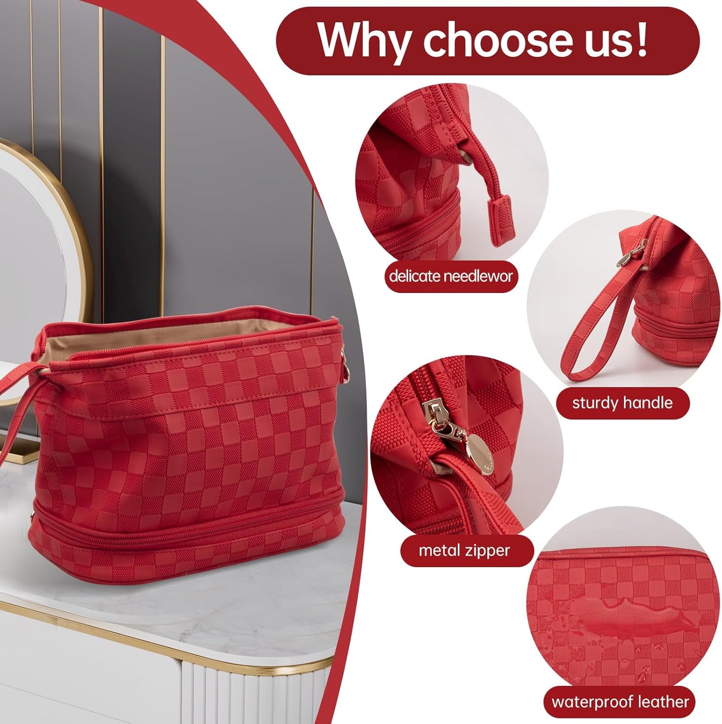 Abiudeng Large Capacity Makeup Bag Ladies Cosmetic Bag Travel Bag with Compartments Portable PU Leather Travel Makeup Bag with Handle