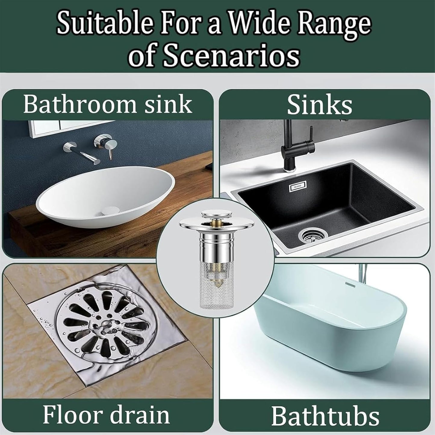 Conceptan Drain Stopper, Bathroom Sink Stopper Hair Catcher, Sink Plug Hair Trap, Bathtub Drain Stopper, Universal Pop up Stainless Steel Floor Drains Filter, Fits Bathroom, Laundry Sink Drains (1pcs)