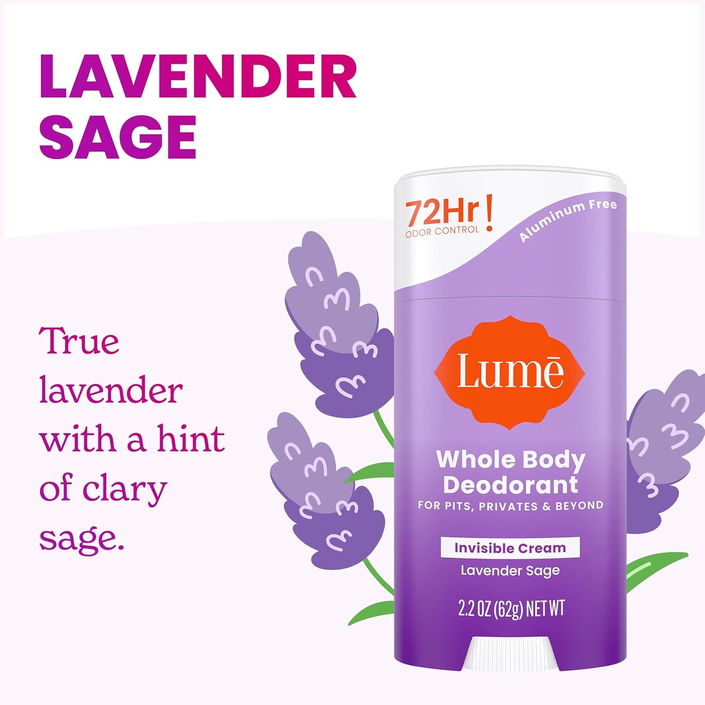Lume Deodorant Cream Stick - Underarms and Private Parts - Aluminum-Free, Baking Soda-Free, Hypoallergenic, and Safe For Sensitive Skin - 2.2 Ounce (Pack of 2) (Lavender Sage)