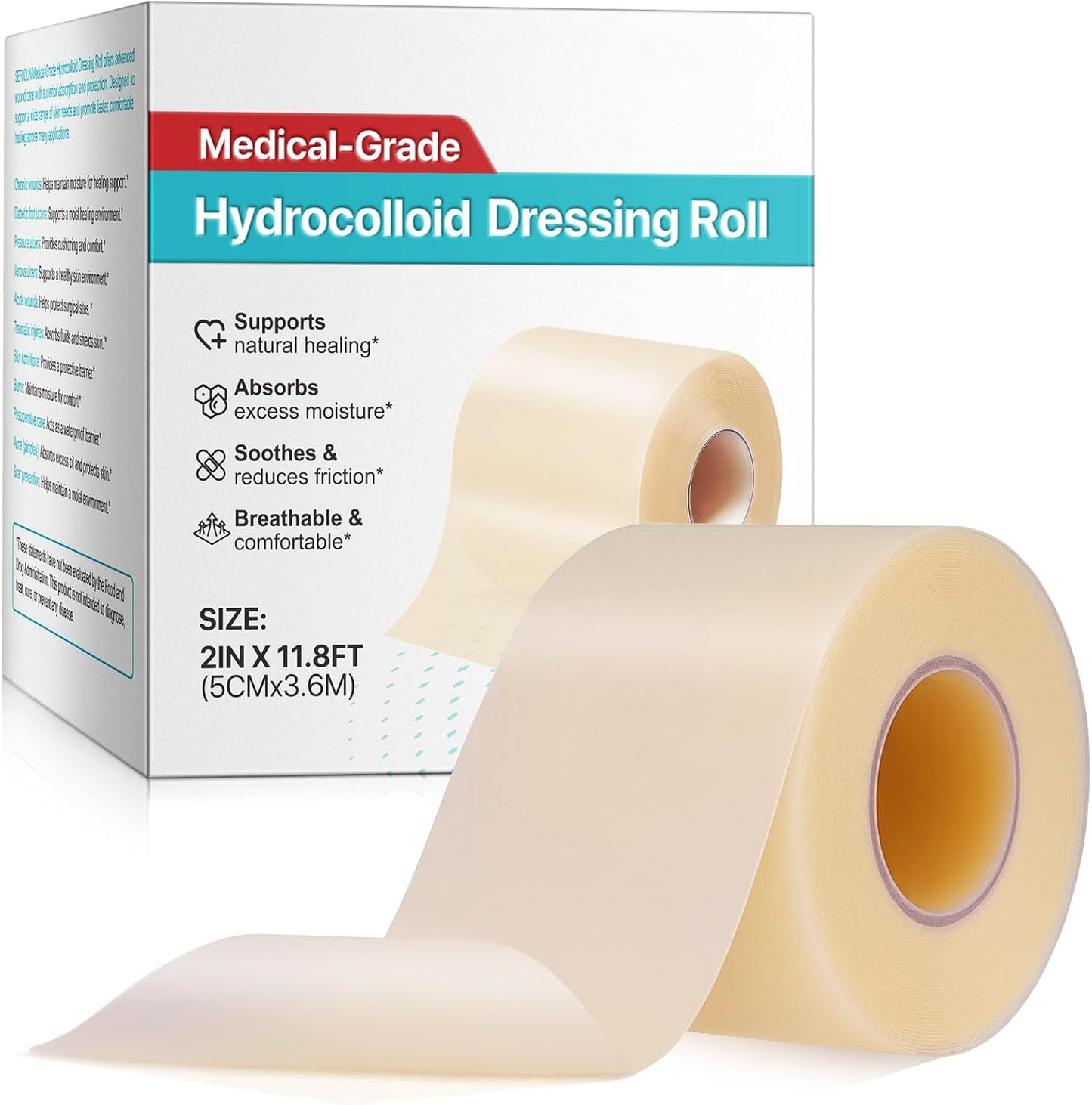 Hydrocolloid Roll for Wound Care, Extra Large Hydrocolloid Patch Bandages with Self-Adhesive, Hydrocolloid Tape, Ultra Absorbent, Flexible & Waterproof DIY Size & Shape(2in*11.8ft)