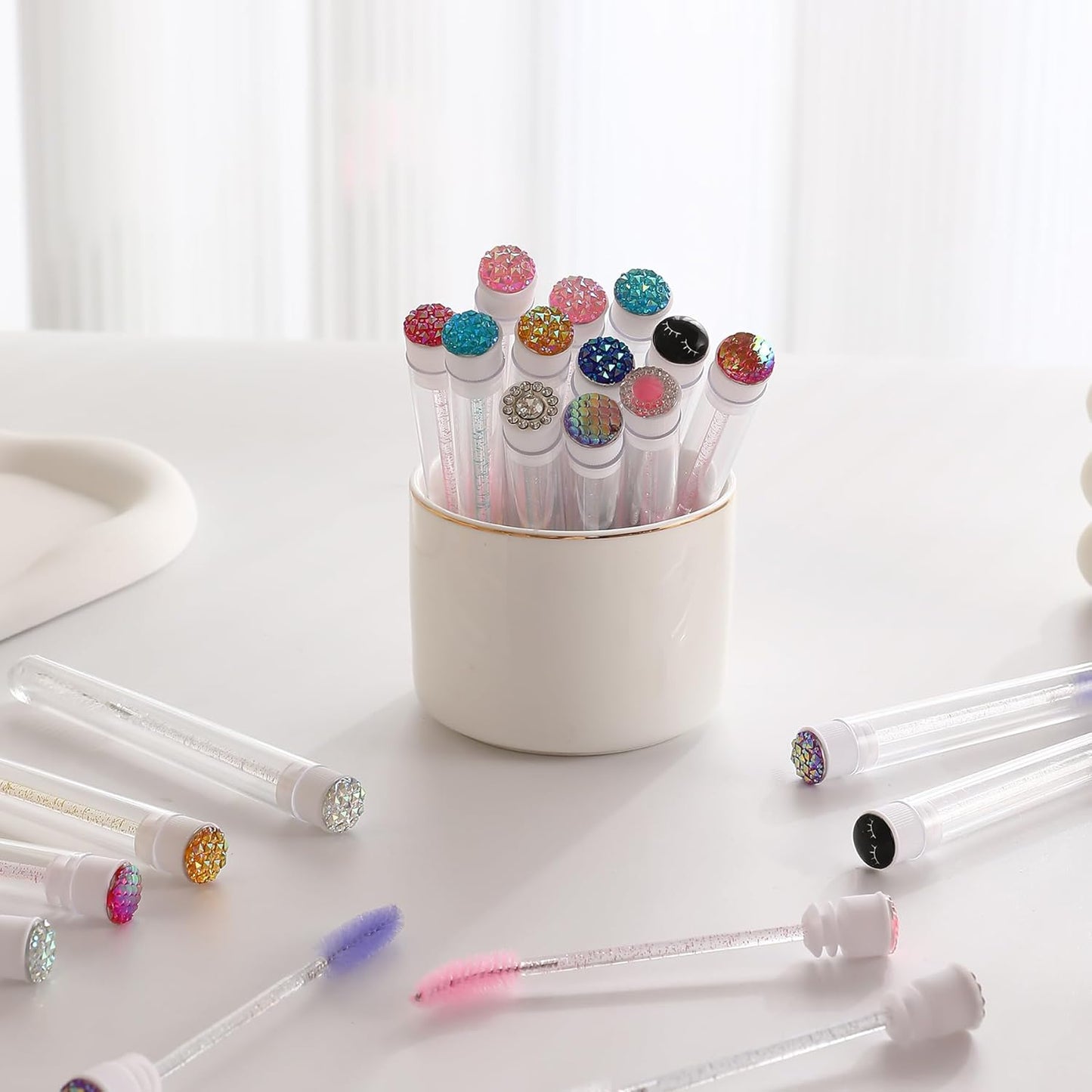 Upgrade 48 Pieces Disposable Mascara Wands Set,Diamond Mascara for Women and Girls- Include 24 Pcs Crystal Lash Spoolies Brush and 24 Pcs Reusable Keychain Empty Eyelash Brush Tubes